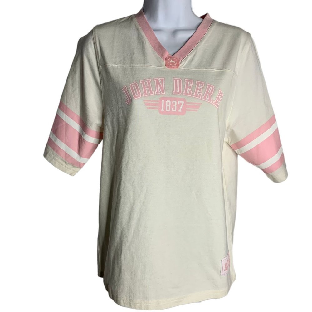 John Deere Jersey Style T Shirt M White Pink Short Sleeve V Neck Tractors